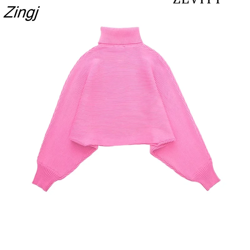 Zingj Women Fashion Loose High Neck Knit Sweater Vintage Wide Long Sleeve With Cuffs Female Pullovers Chic Tops SW2191