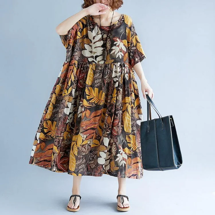 2018 print long cotton linen dresses oversized short sleeve gown vintage o neck baggy dresses linen clothing dress