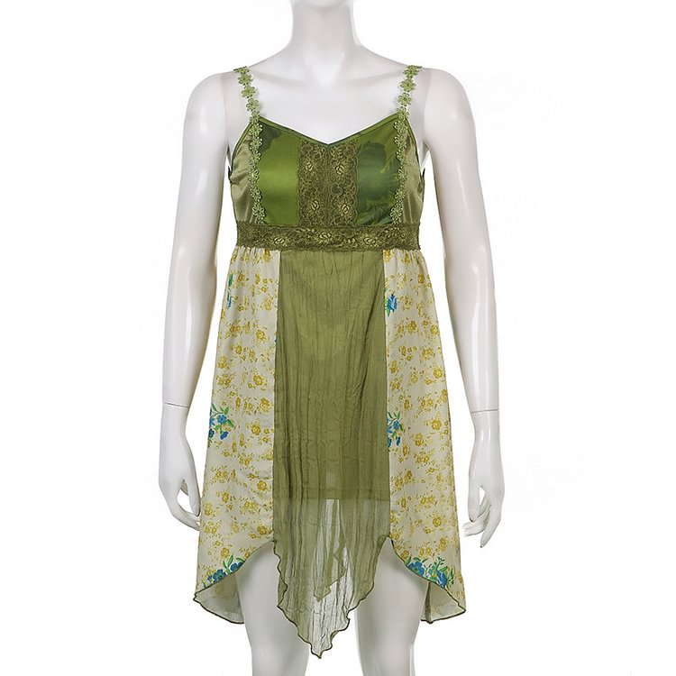 Floral Print Vintage Mini Dress Fairycore Grunge Sleeveless Lace Patchwork Beach Sundress Harajuku Irregular Dress