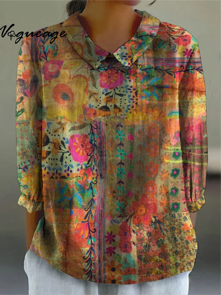Women's Vintage Flower Art Print Casual Women Shirt