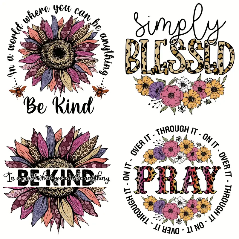 4pcs/set, Blessed Heat Transfer Sticker DIY Washable Patches On Clothes Be Kind Thermal Iron On Transfer Applique Decor, Embroidery Applique Iron On Heat Patches For Jackets, Sew On Patches For Clothing Backpacks Jeans T-shirt-Guru-buzz