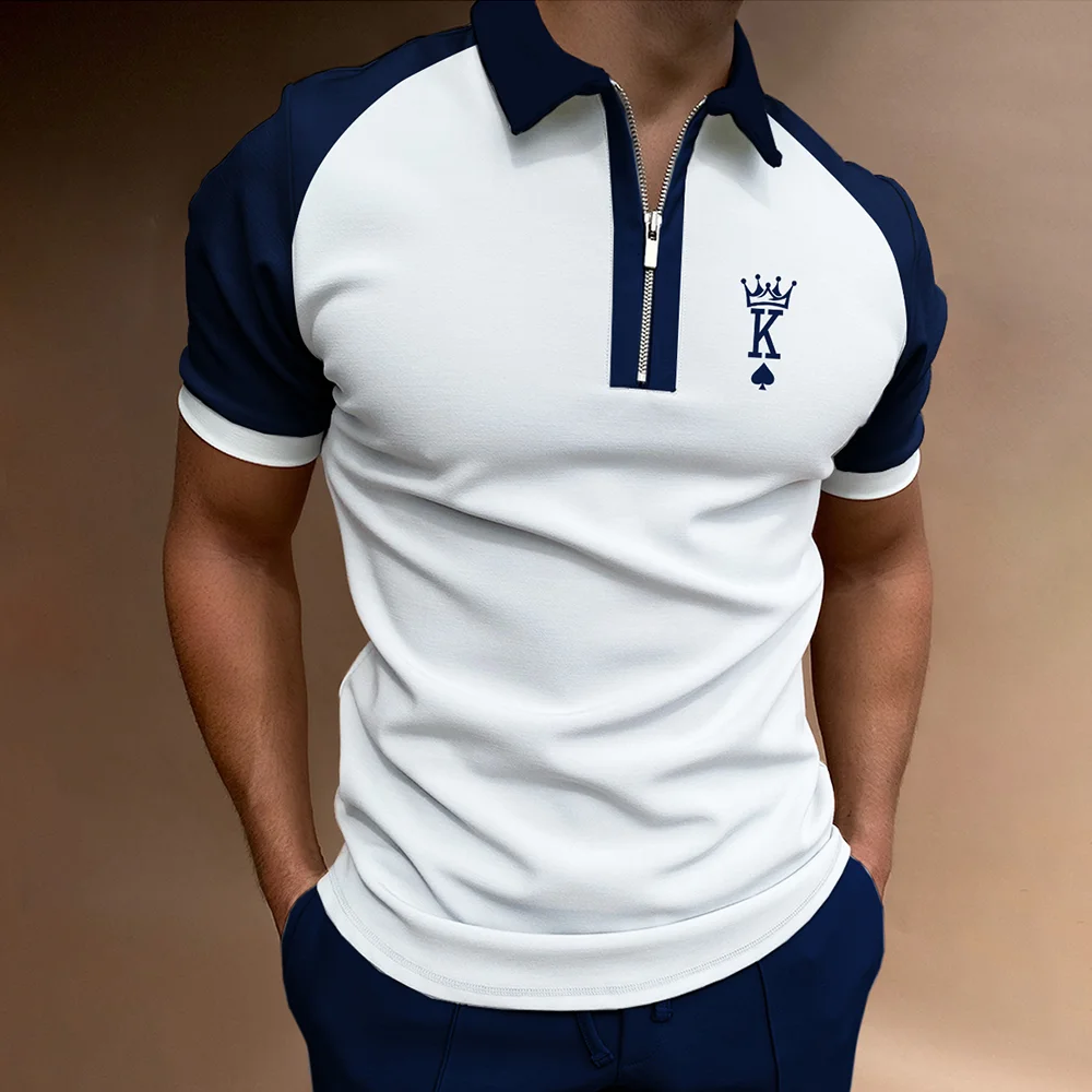 Men's Casual Crown King Print Color Matching Short Sleeve Zipper Polo Shirt、、URBENIE