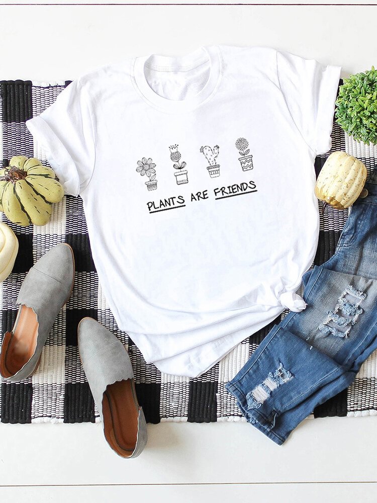 Cartoon Letter Print Crew Neck Short Sleeve T shirt For Women P1659646