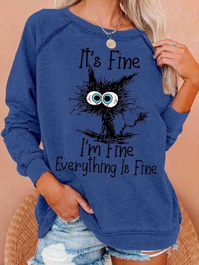 Womens Funny I Am Fine Black Cat Letter Crew Neck Sweatshirts socialshop