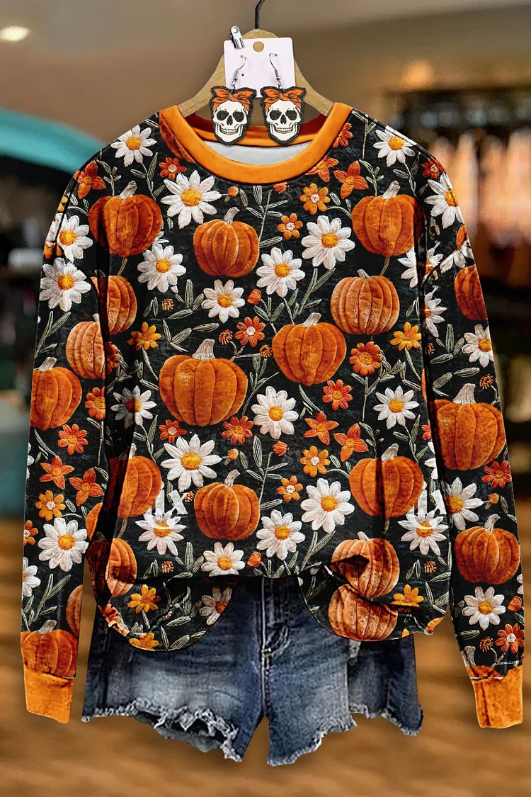 Women's Fall Pumpkin Print Sweatshirt socialshop