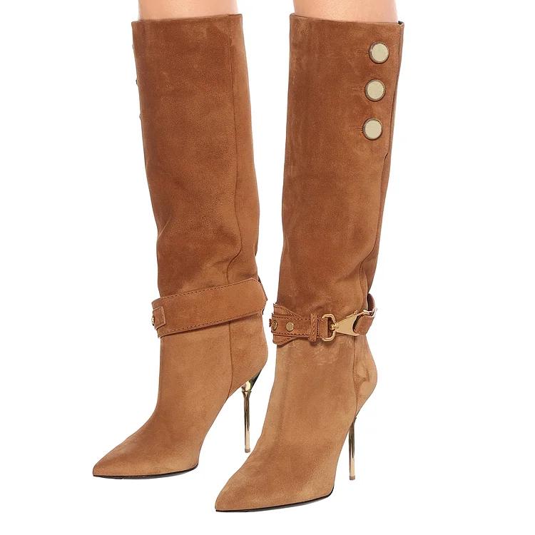Tan Suede Calf-Length Stiletto Heel Fashion Boots Vdcoo