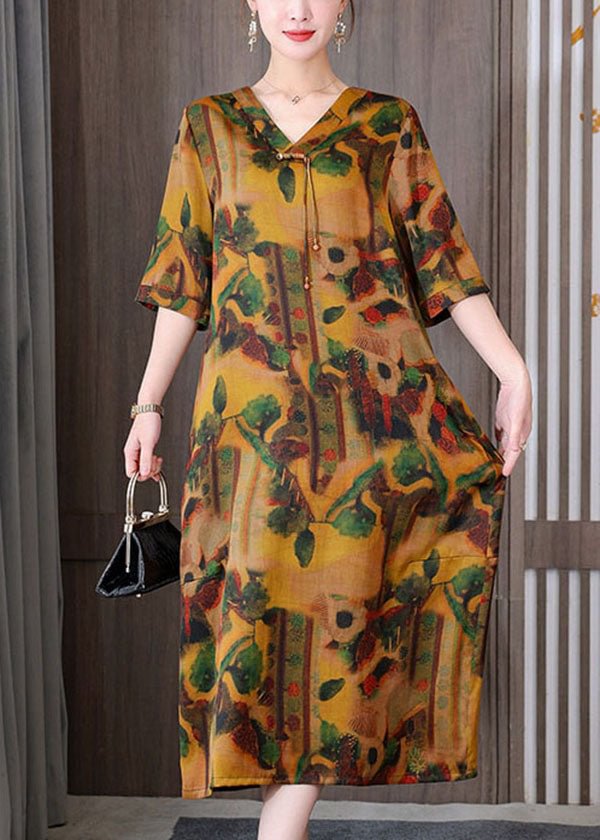 Fitted Yellow V Neck Ribbon Print Silk Vacation Dresses Half Sleeve