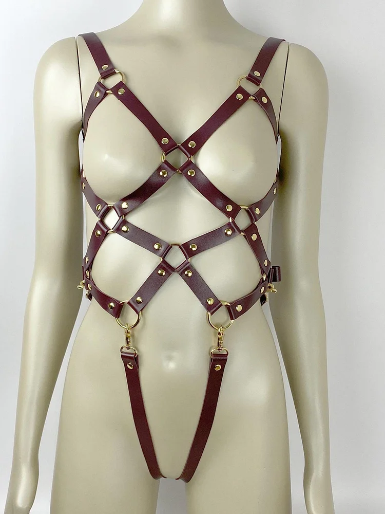 pornhint Pornhint Burgundy Gold Full Body Harness, Open Crotch Harness, BDSM Harness, Open Bra, See Through, BDSM Gear Women, Full Body Harnesses fro Women leather harness women