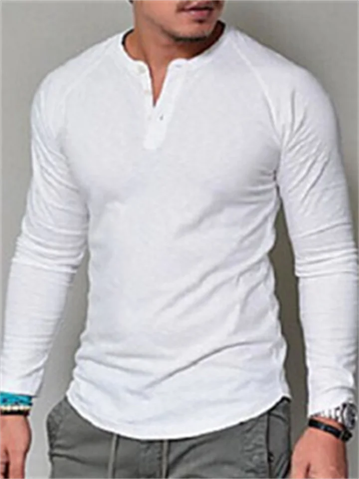 Men's Models Round Neck Cotton Solid Colour Buttons Long-sleeved T-shirt Casual Collarless Bottoming Shirt Tops-JRSEE
