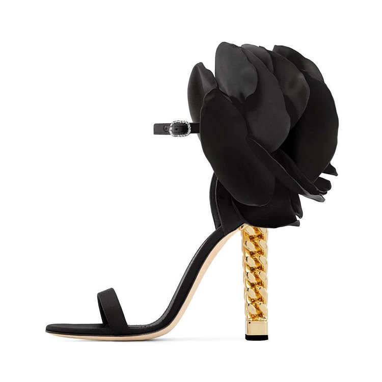 Black Satin Floral Heels Gold Metal Chain Heel Style Prom Sandals |FSJ Shoes