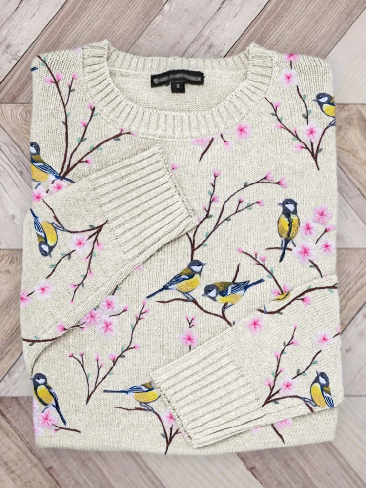 Birds on Cherry Blossom Branches Embroidery Pattern Knit Sweater