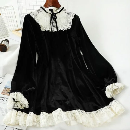 Korean Lace Patchwork O Neck Black High Waist Dress BE164