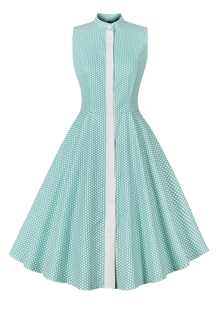 1950s Mint Green Formal Stand-up Collar Buttons Swing Midi Dress
