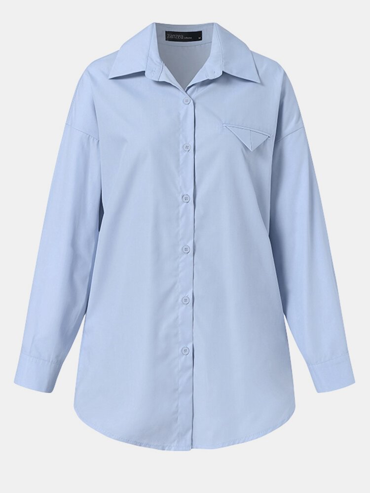 Women Solid Color Lapel Long Sleeve Button Loose Casual Blouse P1798921