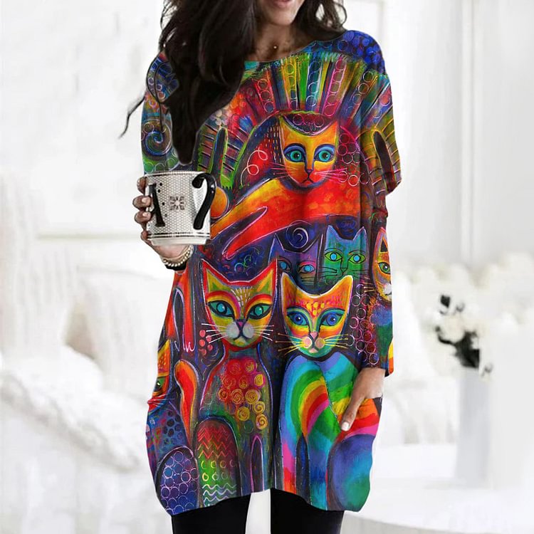 Vefave Colorful Cat Print Crew Neck Casual Tunic