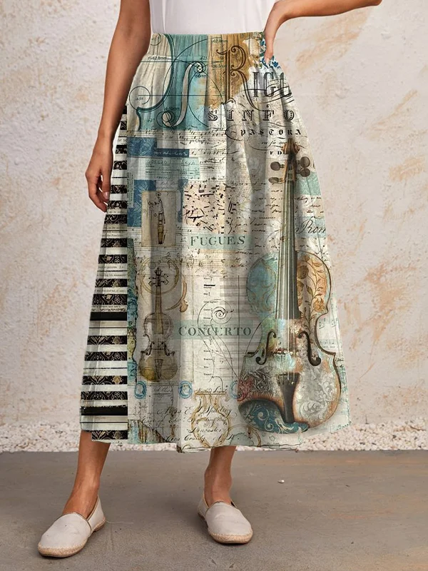 Women's Retro Elegant Musical Violin Art Print Skirt?