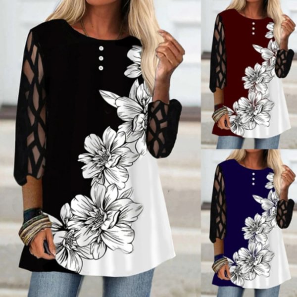 Plus Size Women's Fashion Loose Casual T-Shirts Half Sleeve Mesh Sleeves Floral Print Round Neck Spring and Autumn Tops - BlackFridayBuys