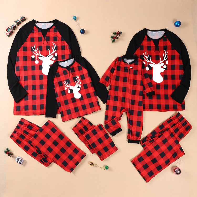 Christmas Reindeer Print Red Plaids Family Matching Pajamas Sets