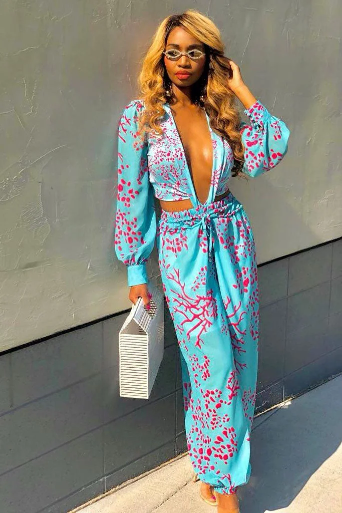 Cut Out V-Neck Printed Blue Jumpsuit