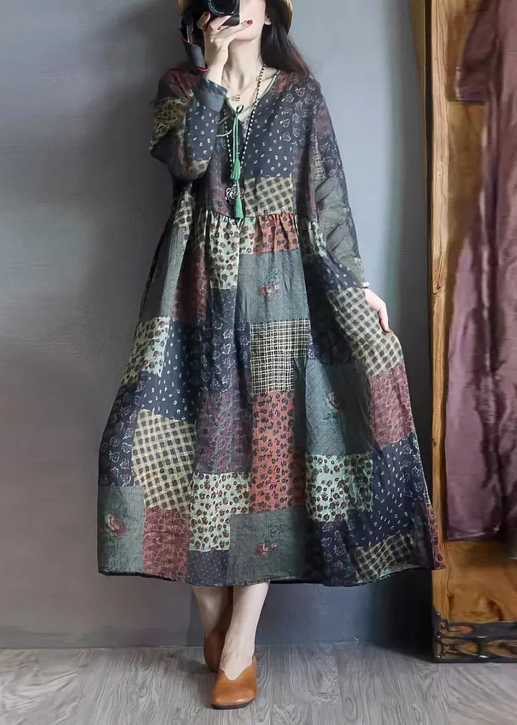 Vintage Colorblock Oversized Print Linen Long Dresses Spring