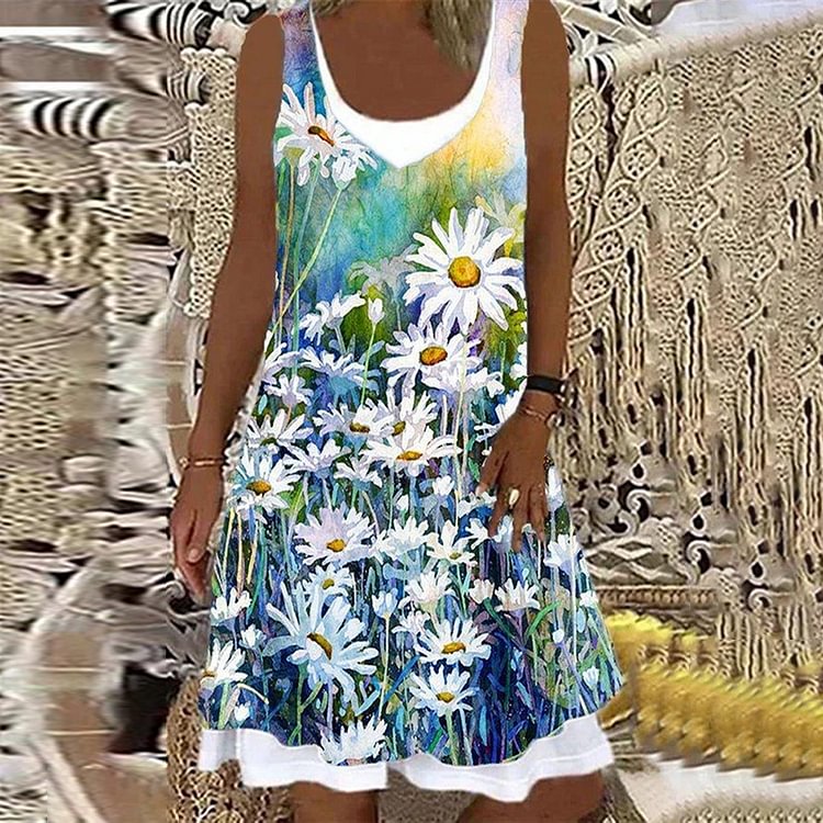 Daisy Print Sleeveless Midi Dress