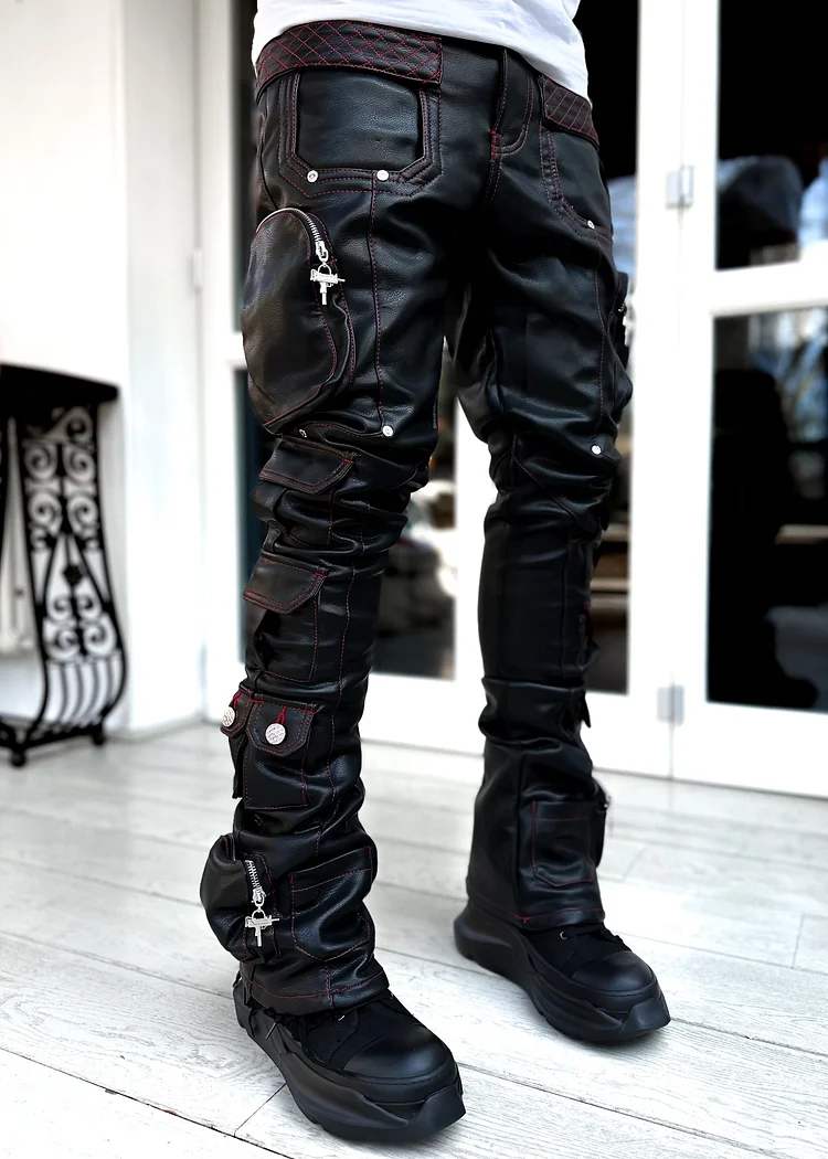 Obsidian Black Contrast Cargo Leather Pant