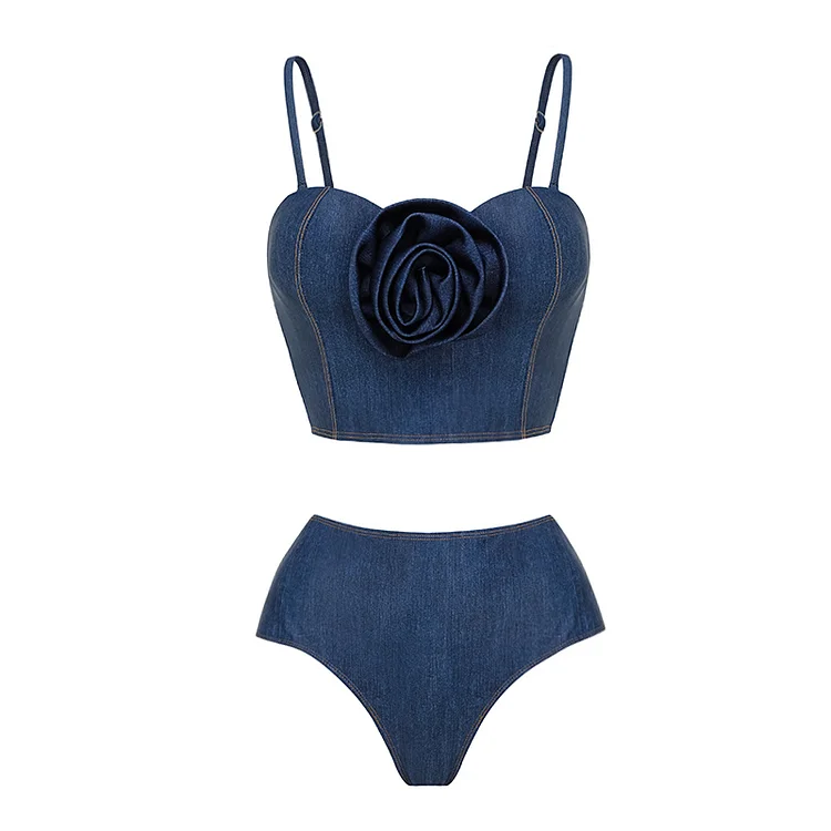 Sling 3D Flower Blue Underwired Bikini Swimsuit and Skirt Flaxmaker