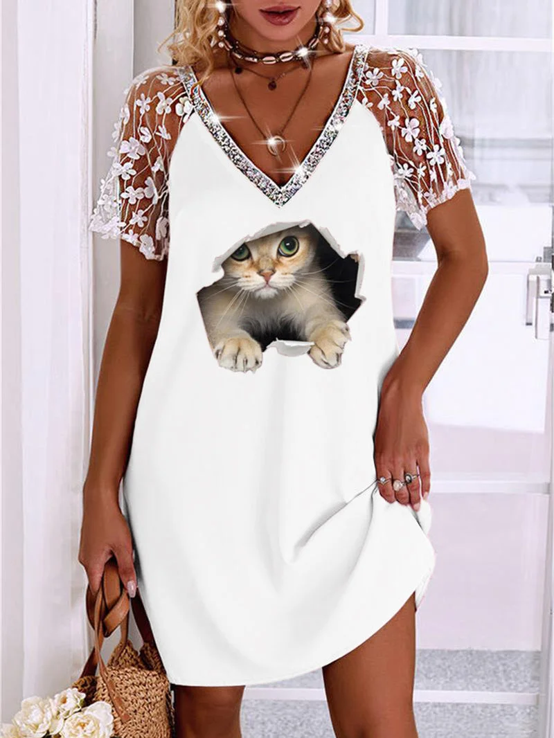 Women's V-neck Short Sleeve Graphic Lace Mini Dress