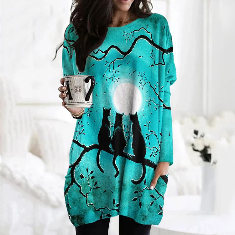 Vefave Cat Print Long Sleeve Crew Neck Pocket Tunic