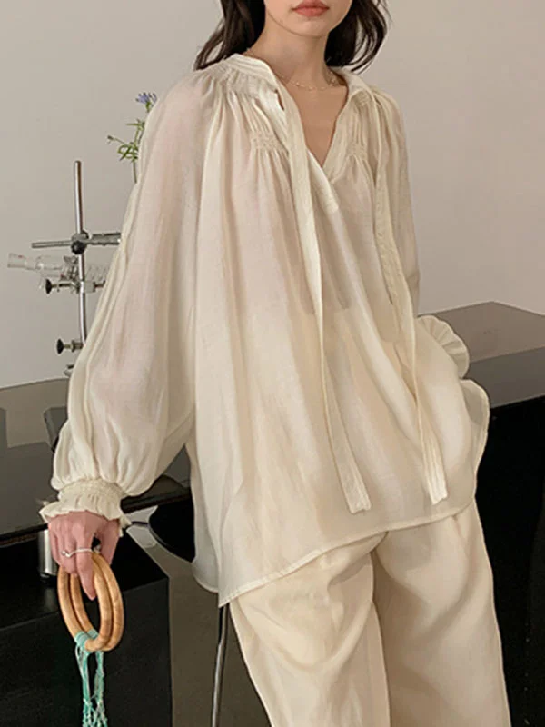 Roomy Puff Sleeves Drawstring Pleated See-Through Pure Color V-Neck Blouses&Shirts Tops