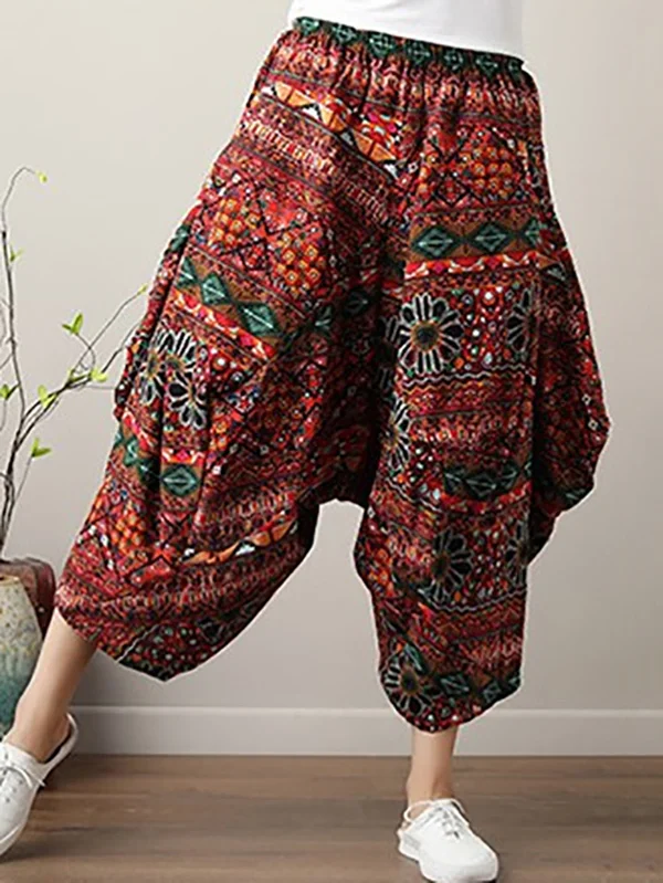 Artistic Retro Ramie Cotton Original Striped Elasticity Harem Pants