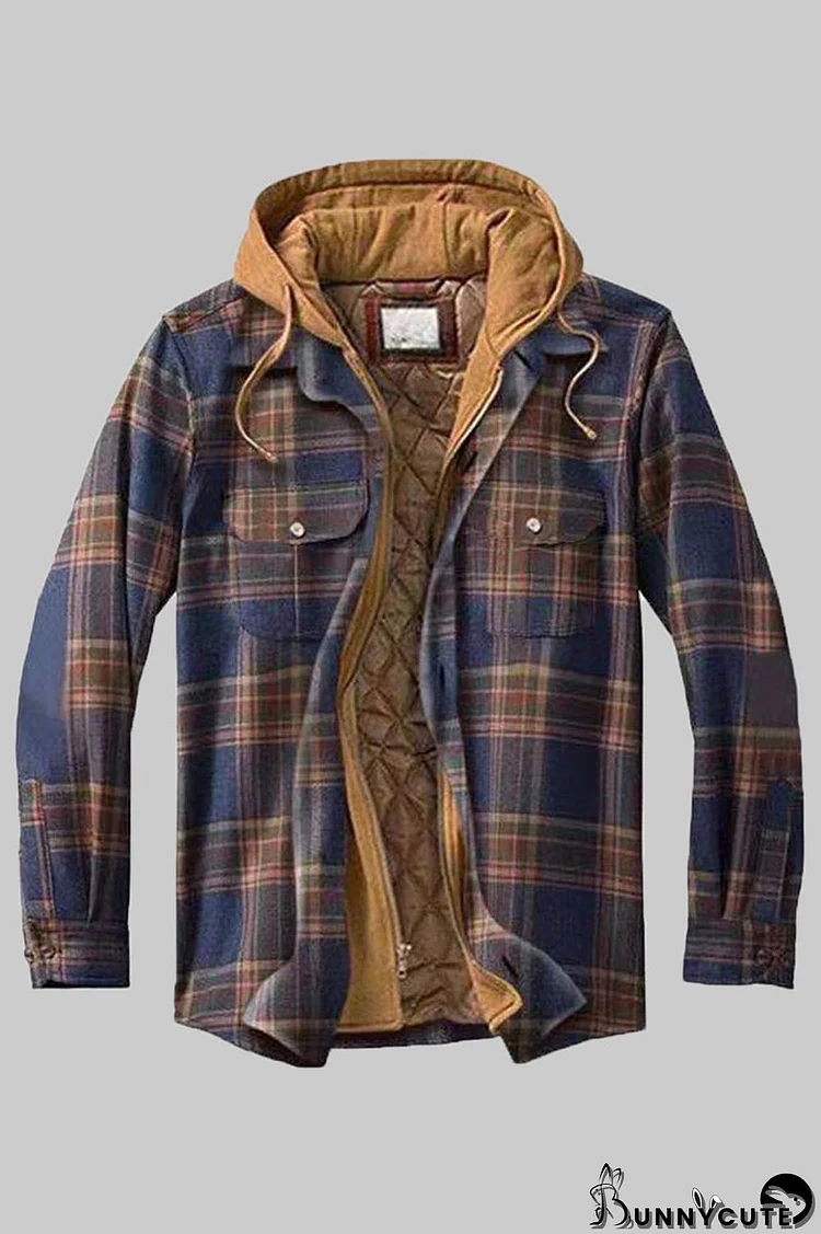Navy Blue Fashion Casual Plaid Split Joint Hooded Collar Outerwear
