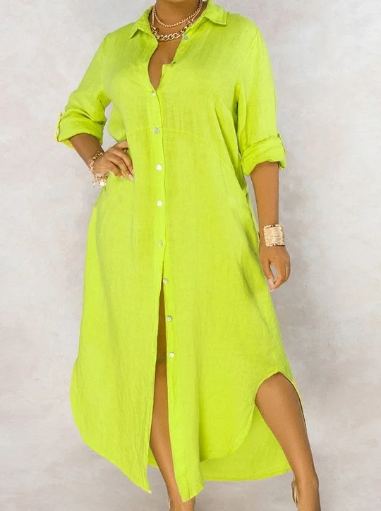 Turndown Collar Side Slit Solid Maxi Dress