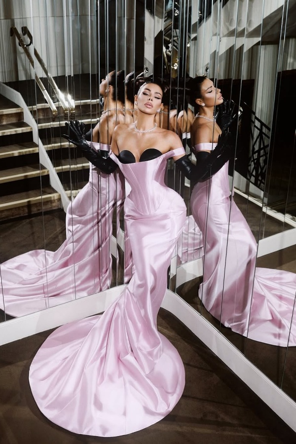 pink satin dress with gloves Charming Blushing Pink Satin Black Off the Shoulder Prom Dress with Gloves  by Daliprom