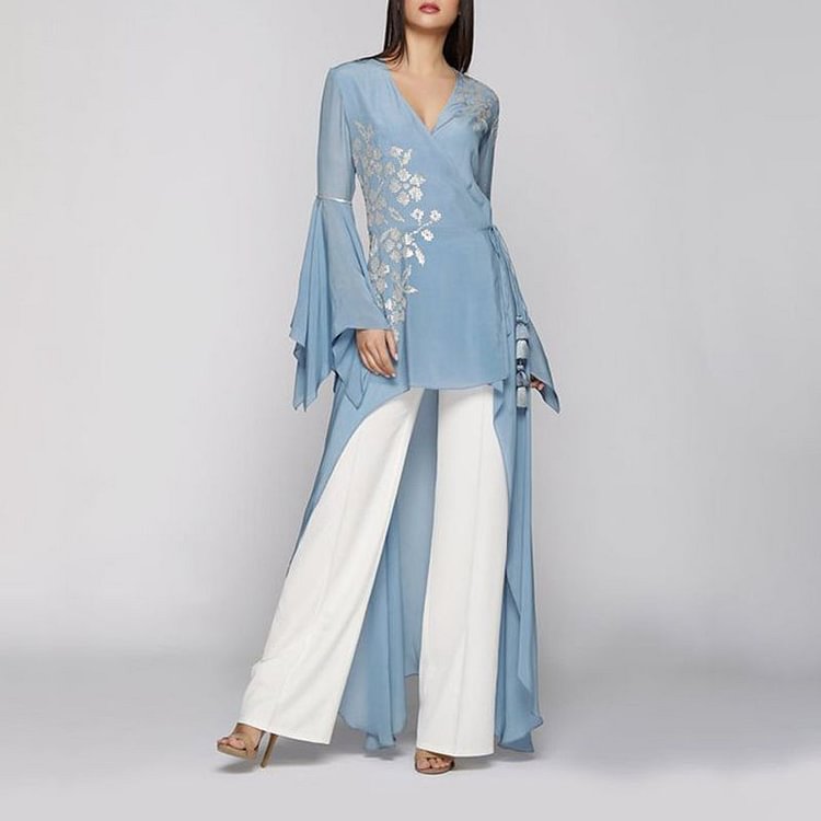 VChics Printed Bell Sleeve V Neck High Low Two-piece Set