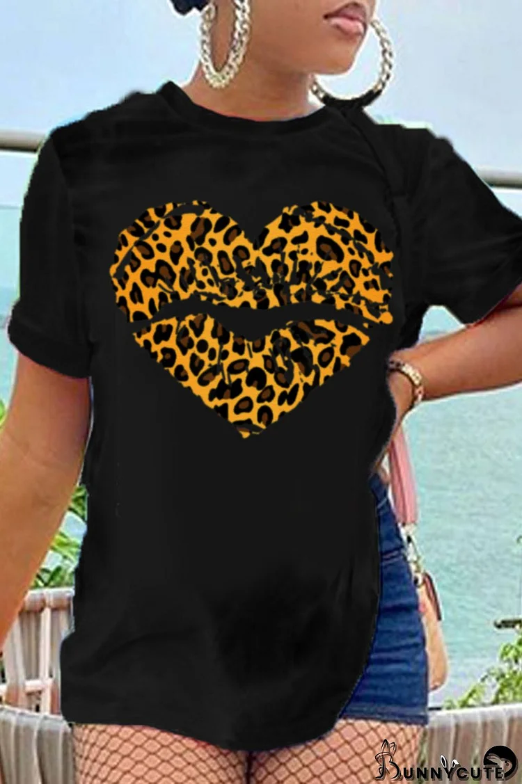 Black Fashion Street Leopard Lips Printed Split Joint O Neck T-Shirts