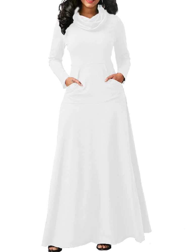 Casual Cowl Neck Pocket Long Sleeve Plain Maxi Dress
