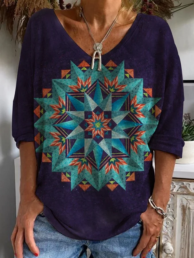 Women's Vintage Ethnic Pattern Print V-Neck Long Sleeve T-Shirt socialshop