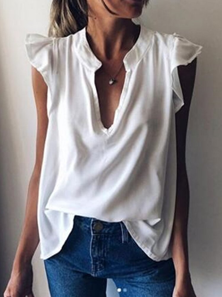 Solid Color Sleeveless V neck Casual Blouse For Women P1684409
