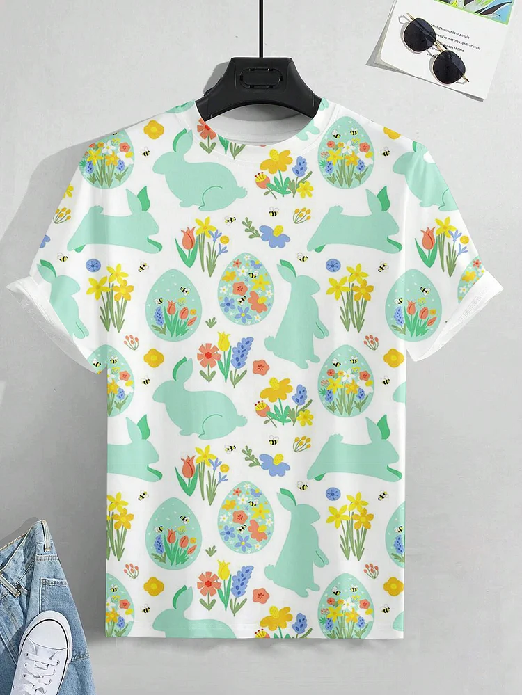Men's Easter Egg Rabbit Floral Art Print Casual T-Shirt