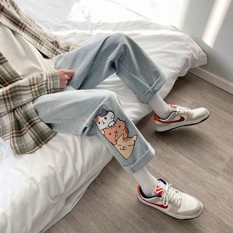 Harajuku Kawaii Anime Cat Jeans Cute Loose Pants SP16407