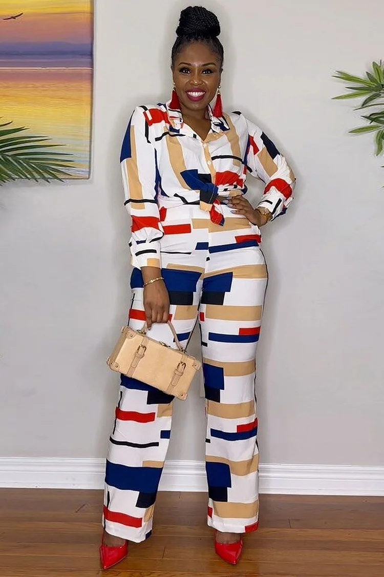 Multicolored Pattern Print Long Sleeve Blouse Straight Leg Pants Matching Set - White