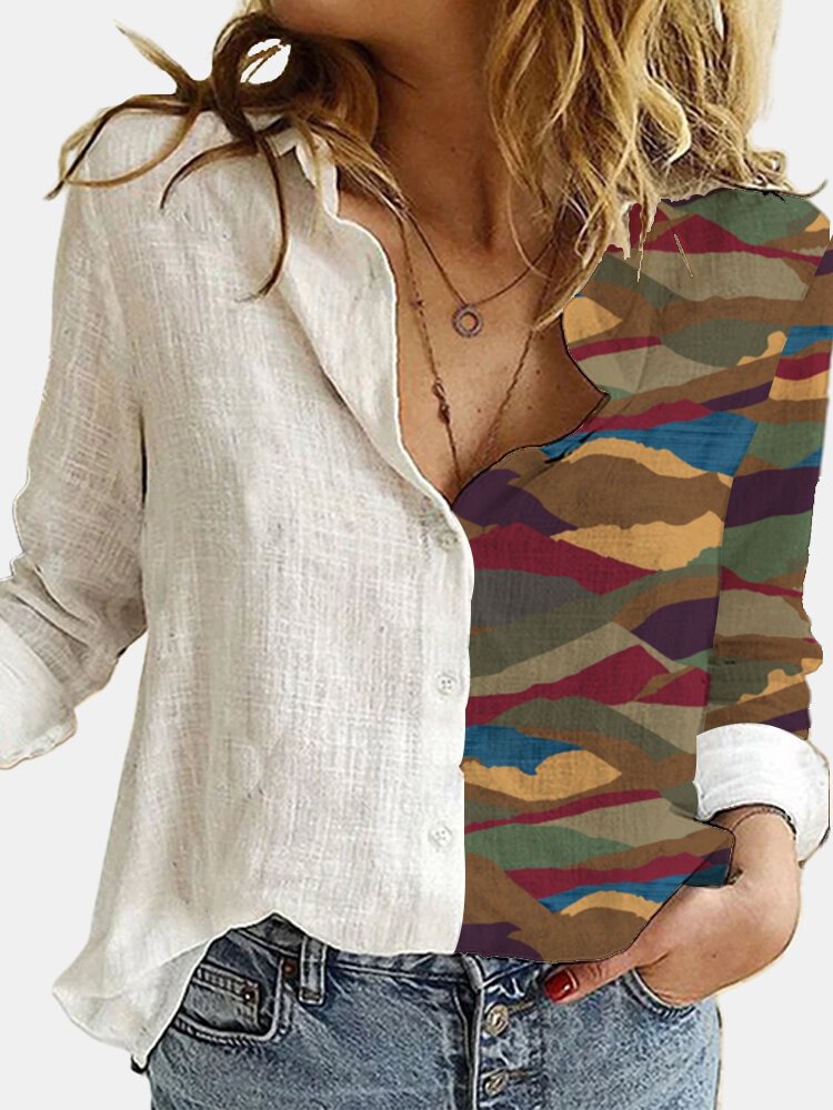 Print Patchwork Button Lapel Collar Shirt For Women P1745144