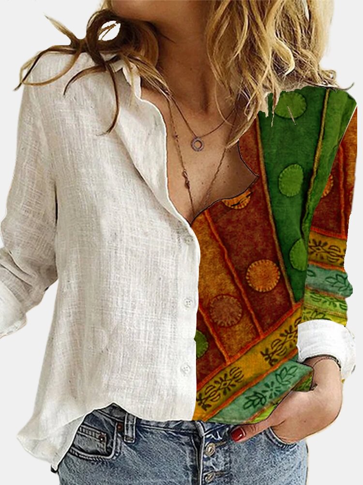 Contrast Color Patchwork Polka Dot Long Sleeve Vintage Shirt For Women P1766164