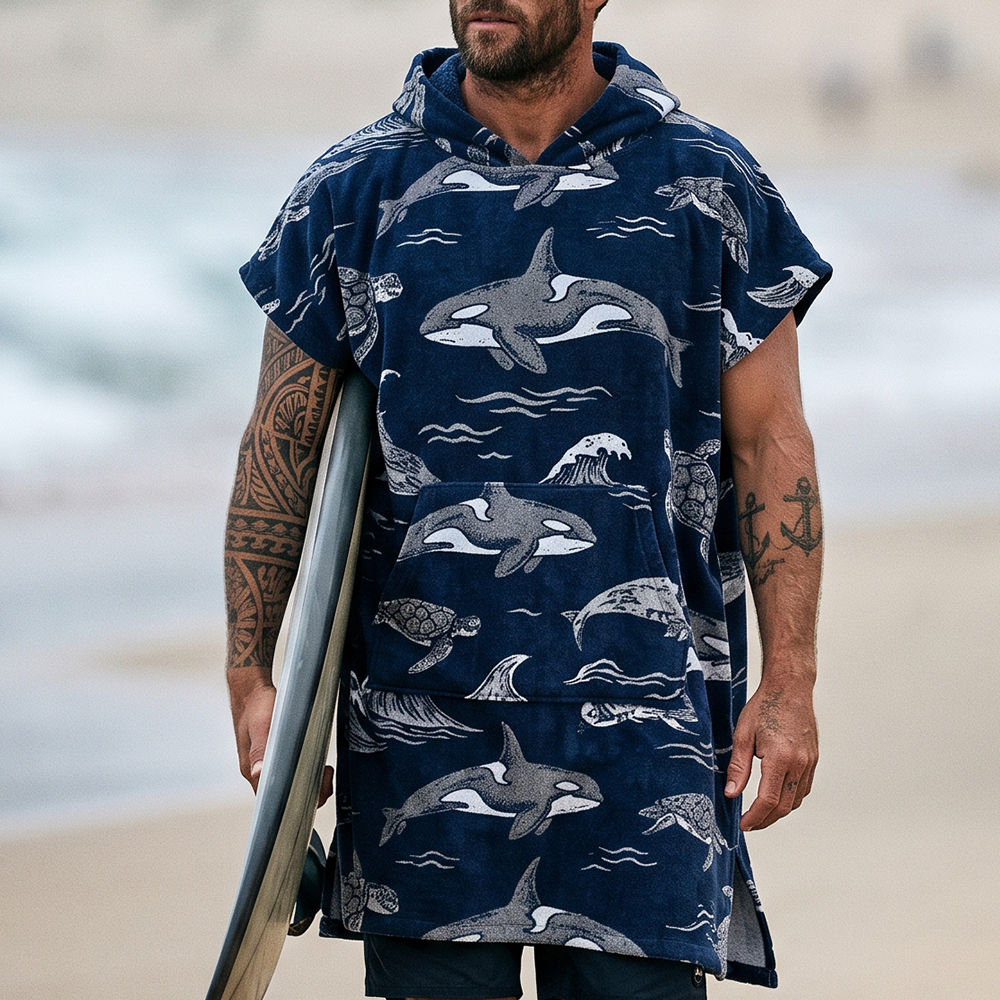 thesupersurf Orca And Sea Turtle Print Hooded Towel Robe, 100% Cotton Terry Cloth Surf Towel With Pocket And Hood For Beach Use