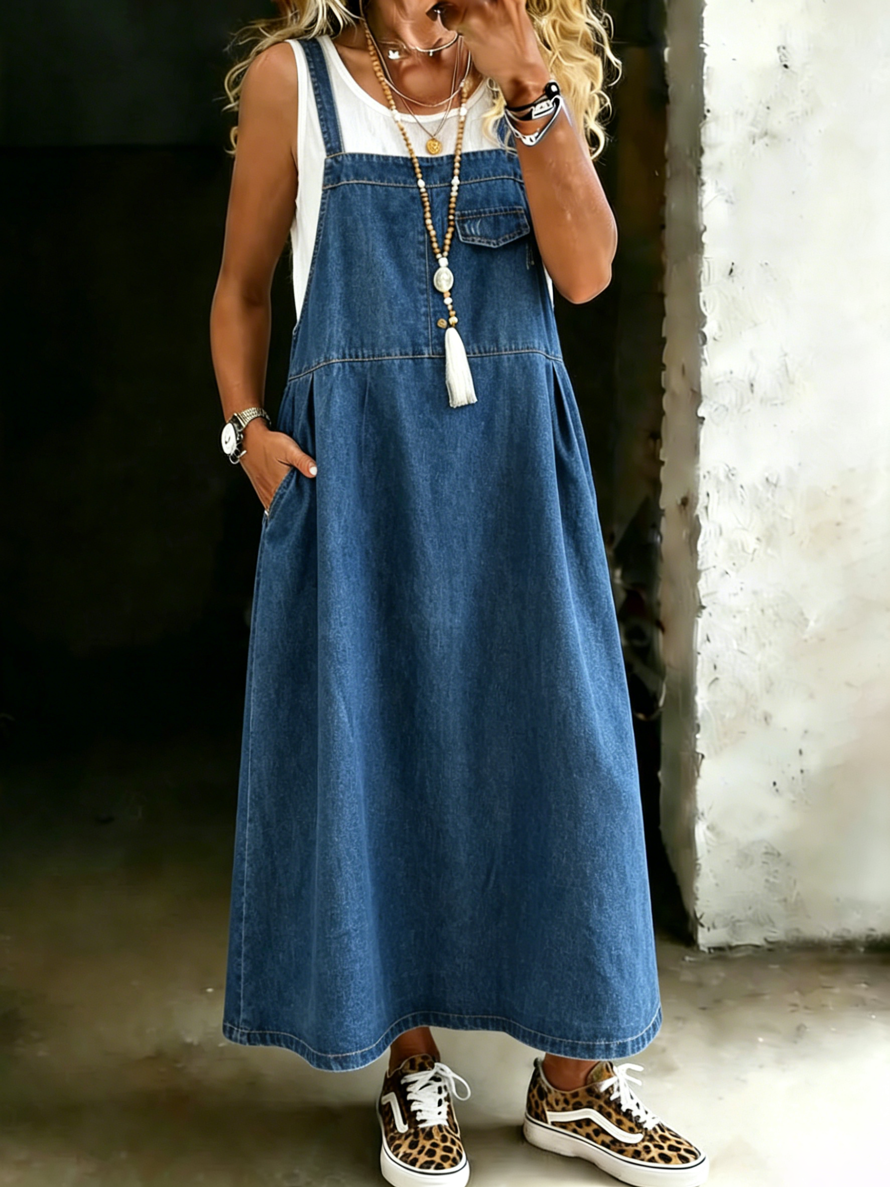 Women's Long A-line Denim Jumper Dress
