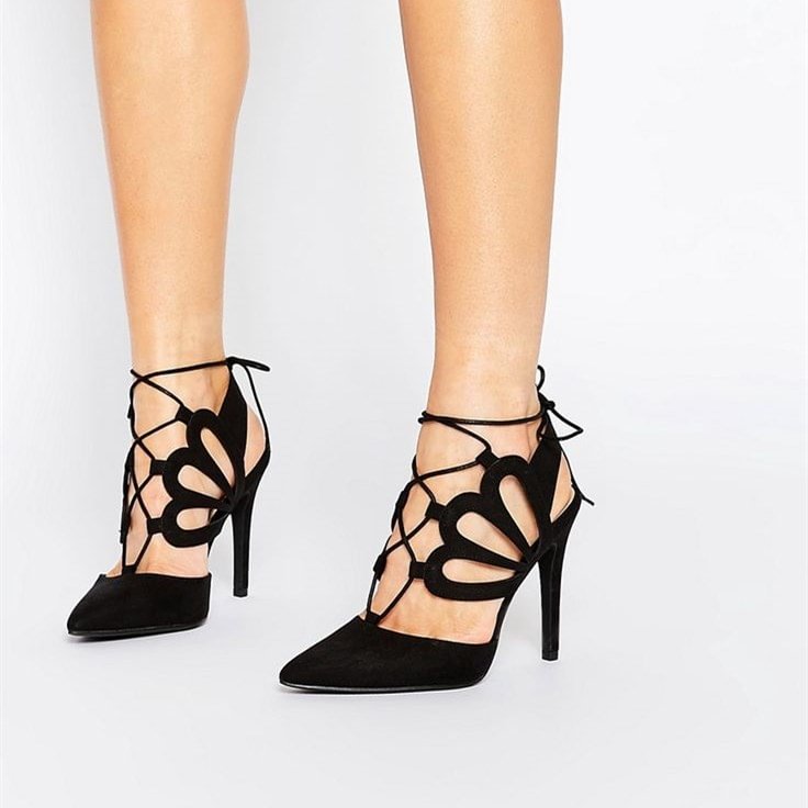 Black Suede Lace up Heels Laser Cut Pointy Toe Stiletto Heels Pumps |FSJ Shoes