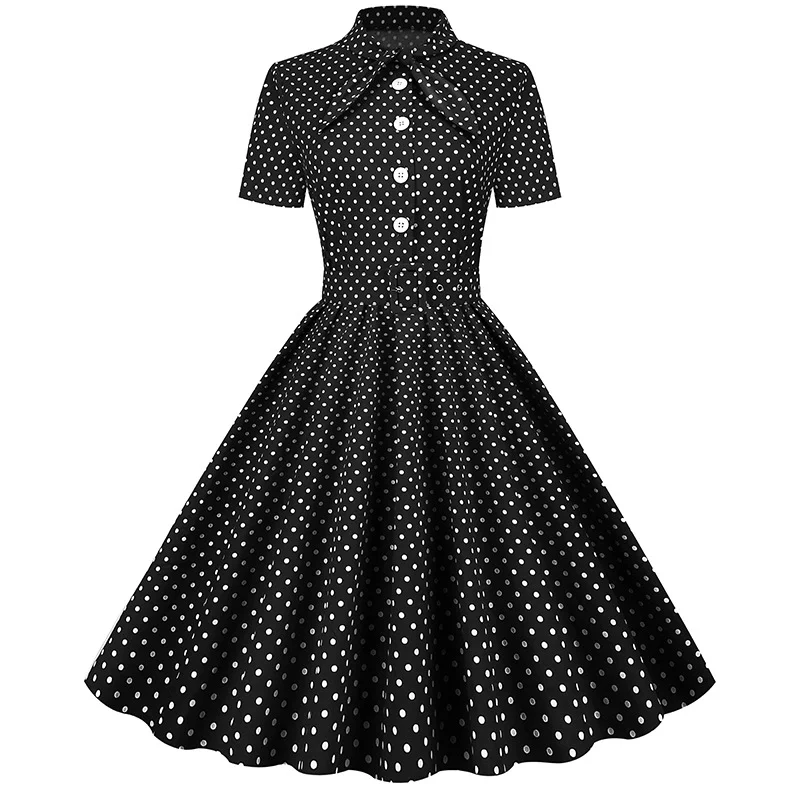 Short sleeved button polka dot retro dress