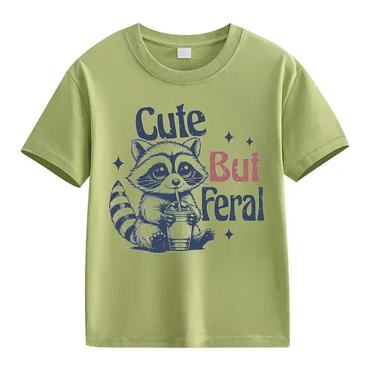 【2Y-13Y】Cute But Feral Cartoon Raccoon Print T-Shirt For Kids