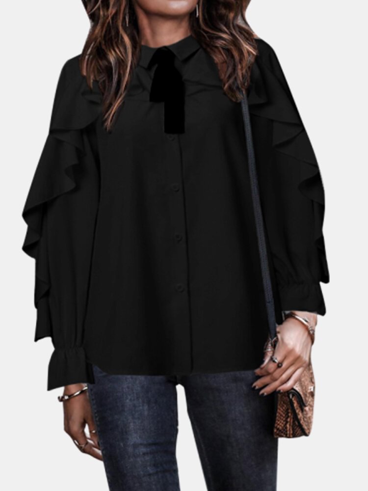 Solid Color Bow tie Frills Long Sleeve Blouse P1739957